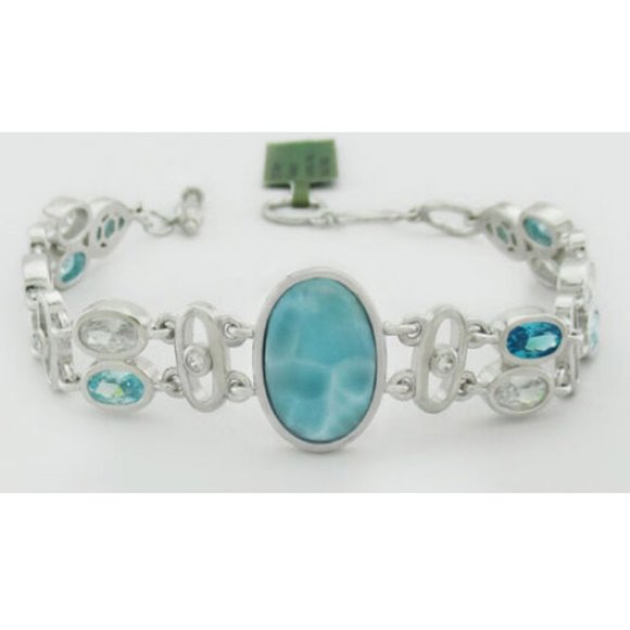 GENUINE LARIMAR, BLUE TOPAZ & WHITE SAPPHIRE TENNIS BRACELET .925 SILVER